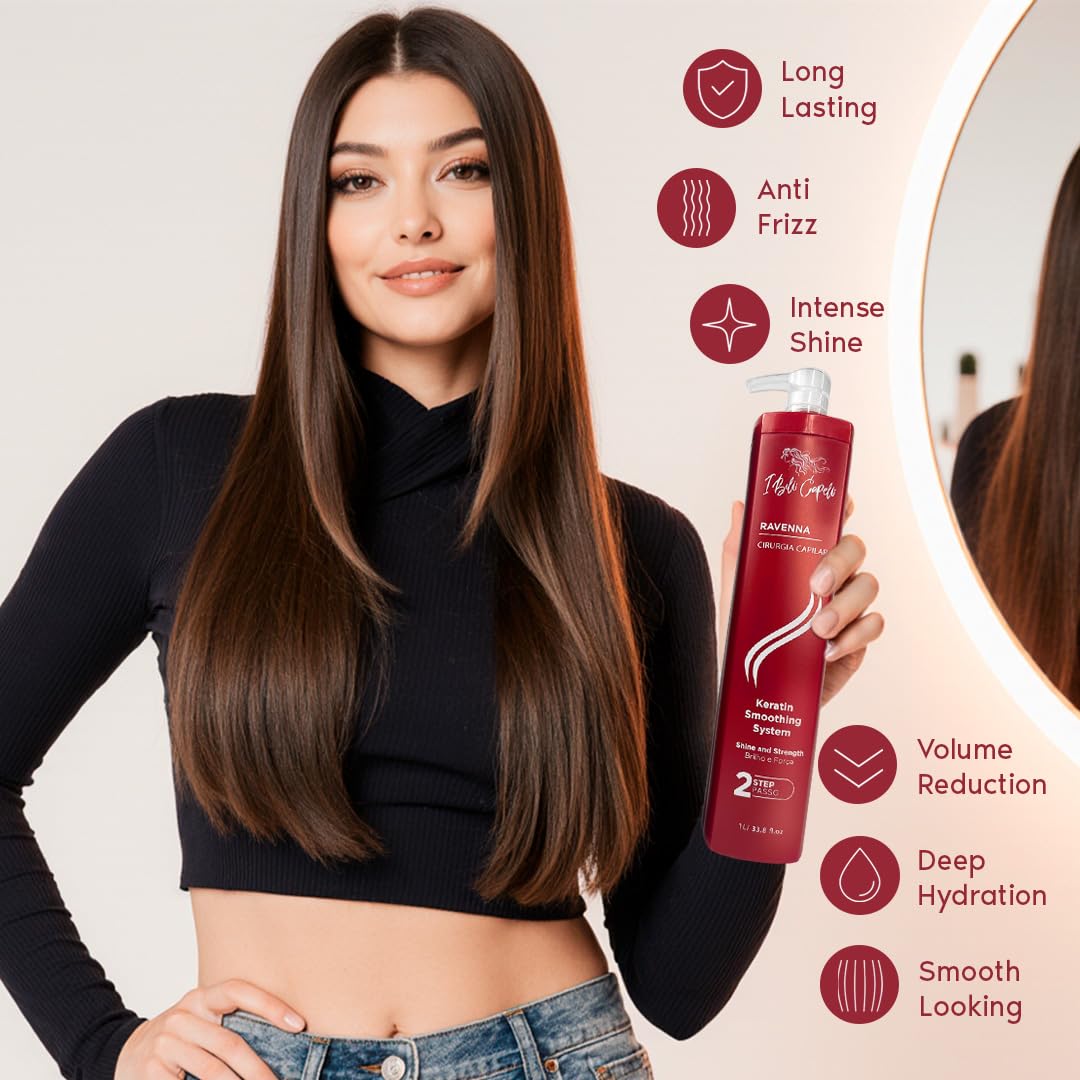 I Belli Capelli Ravenna Professional Keratin, Long-lasting Straightening Effect - Cirugia Capilar - Celulas Madres Straightener System - 2x1L/33.8