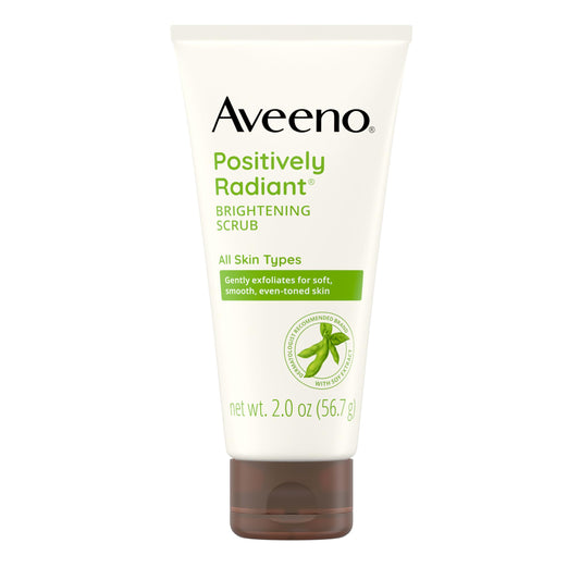 Aveeno Positively Radiant Daily Facial Scrub – Brightens & Exfoliates, Moisture-Rich Soy, Hypoallergenic, Oil & Soap-Free, 2 oz Travel Size