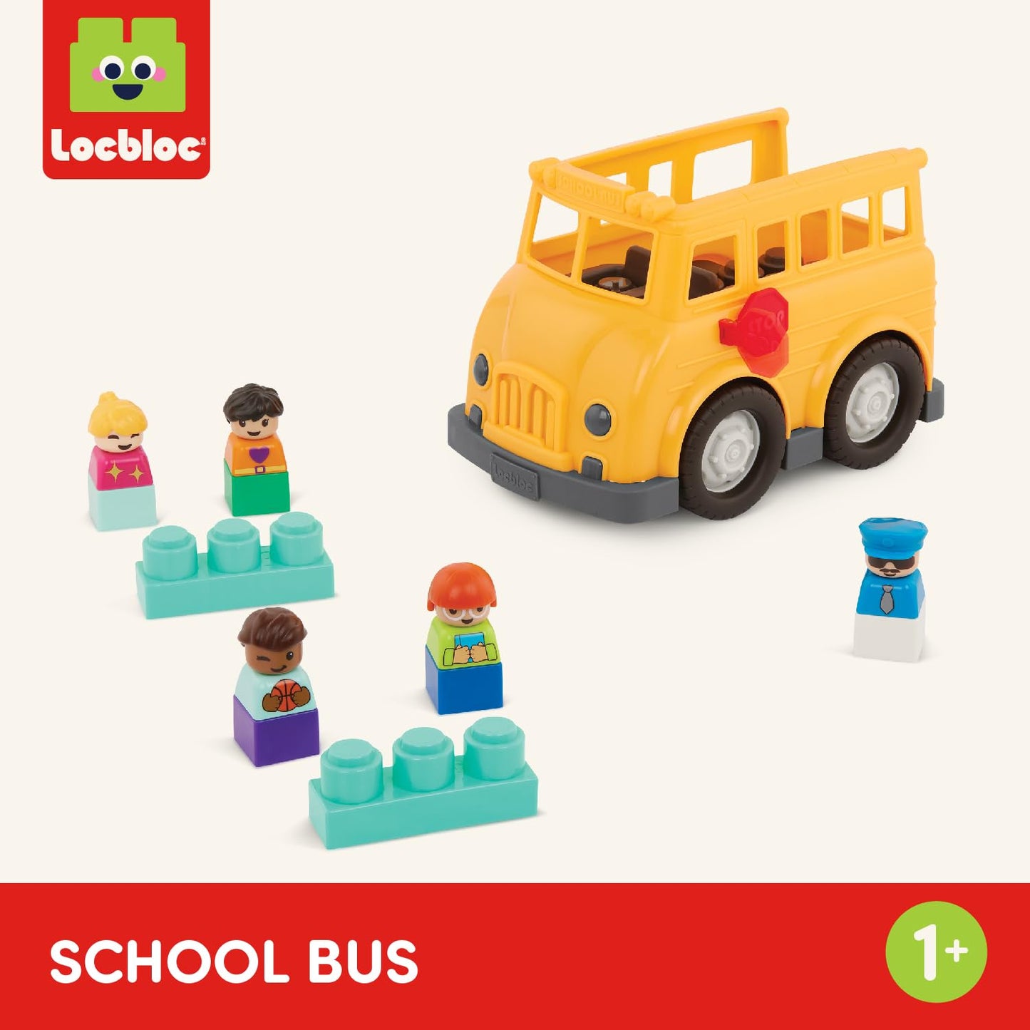 Battat – School Bus – 8 Pieces Construction Set – 5 Figures & 2 Blocks – Build – On Vehicle – 12+ Months – Locbloc® School Bus