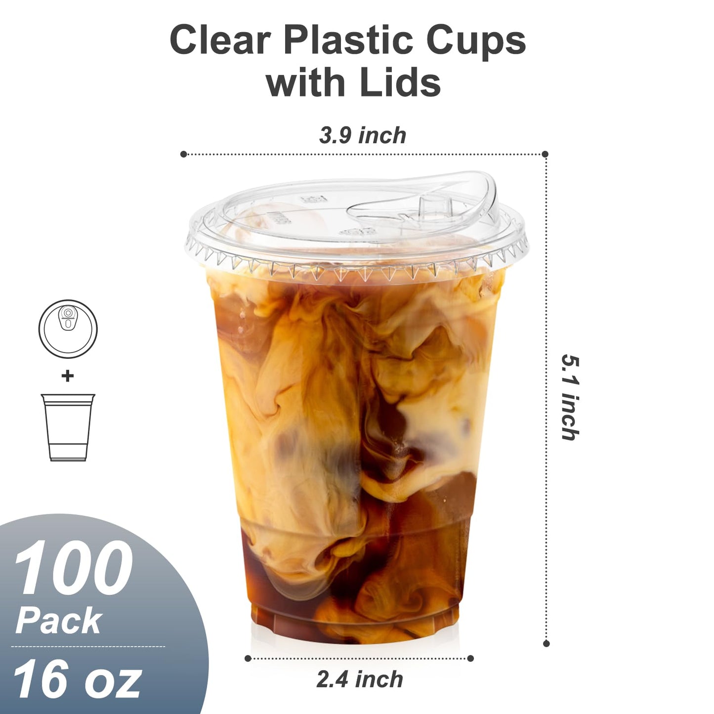 Dealusy 100-Pack 16oz Clear Plastic Cups with Sip Lids – Sturdy, Food-Safe Disposable Cups for Iced Coffee, Smoothies & Cold Drinks