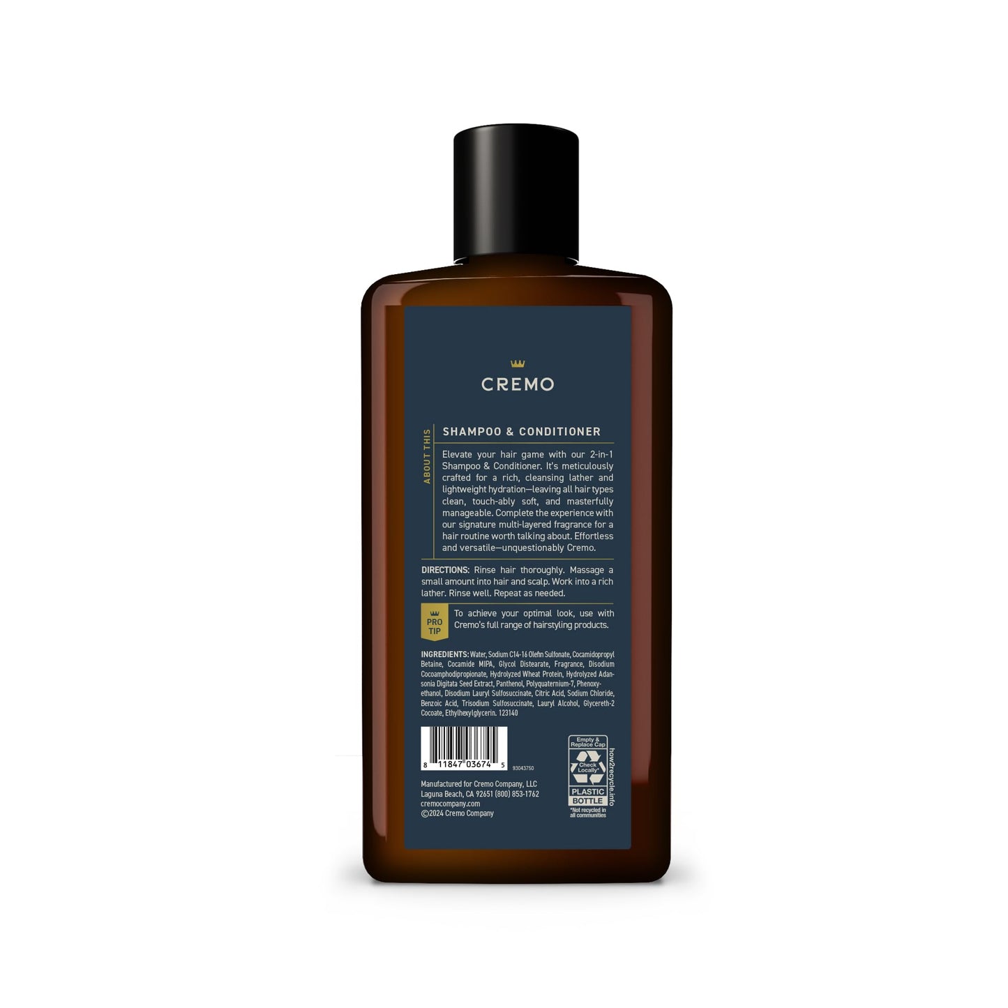 Cremo Palo Santo Barber Grade 2-n-1 Shampoo & Conditioner, Notes of Bright Cardamom, Dry Papyrus and Aromatic Palo Santo,16 Fl Oz
