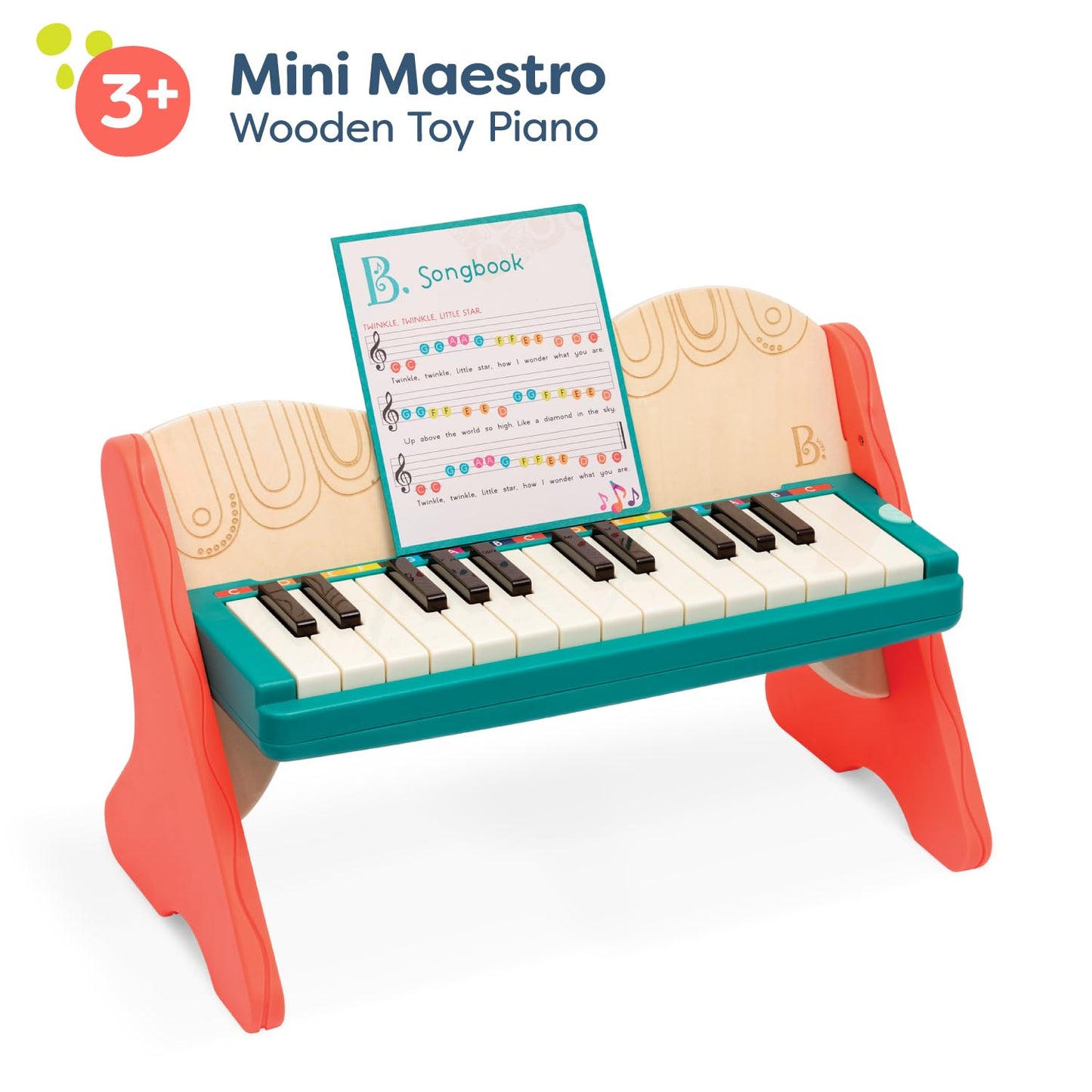 B. toys Wooden Toy Piano for Toddlers & Kids – Color-Coded Keys with Songbook – Early Learning Musical Instrument – Mini Maestro, Ages 3+