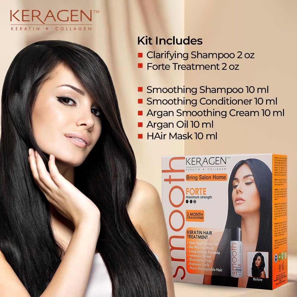 Keragen Brazilian Keratin Hair Smoothing Express Home Blowout Kit – Straightens & Smooths Frizz – Includes 2 Oz Forte Treatment, Clarifying Shampoo & Aftercare Samples