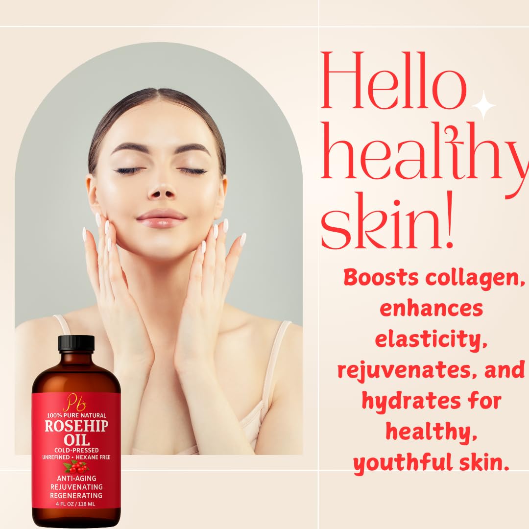 Pomberries Rosehip Oil – Cold-Pressed & Unrefined, Face, Skin & Hair Oil for Scars, Wrinkles, Stretch Marks, Daily Hydration & Massage, 4 fl oz