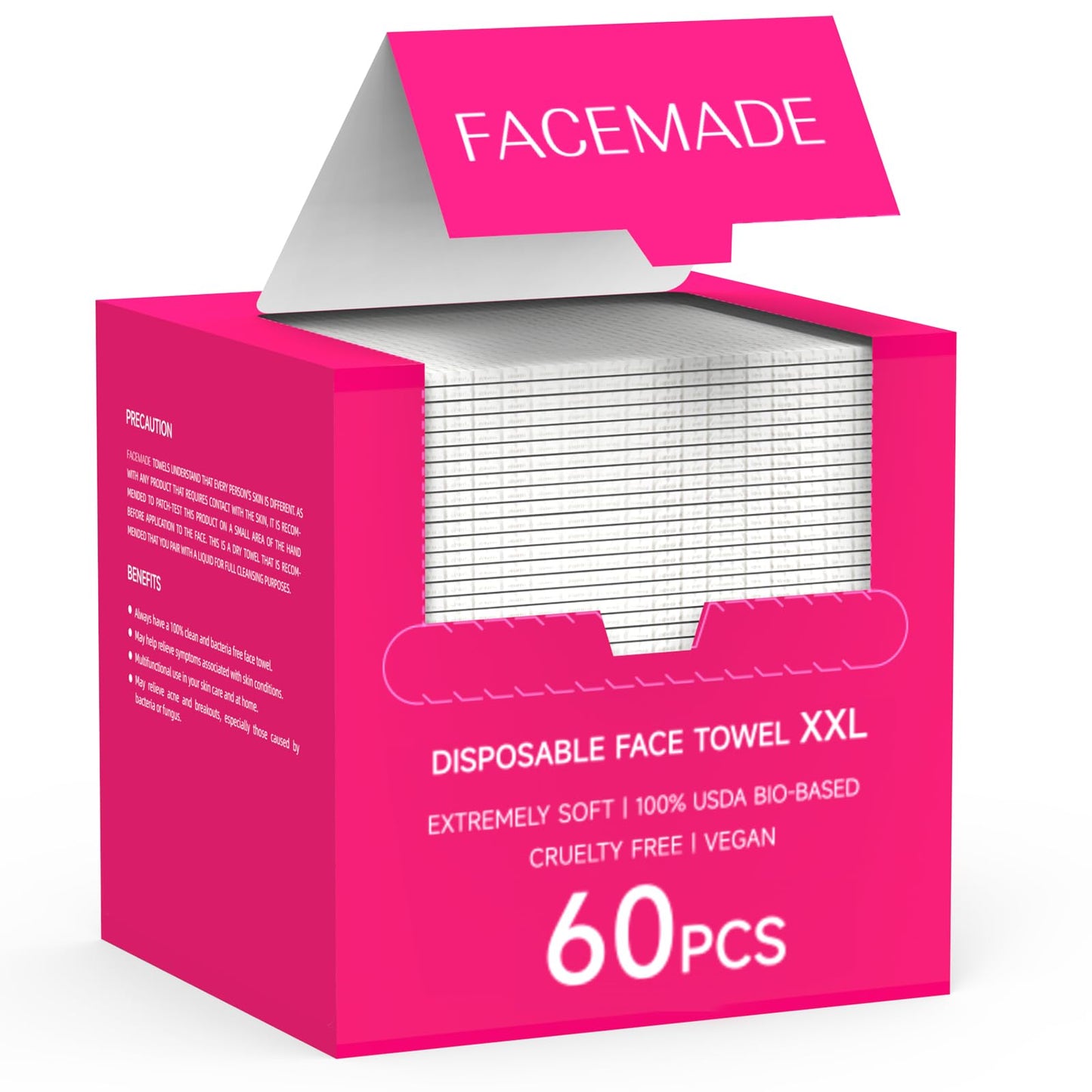 FACEMADE 60-Count XXL 12"x12" Disposable Face Towels – 100% USDA Biobased, Super Soft & Thick Towelettes for Makeup & Clean Skin