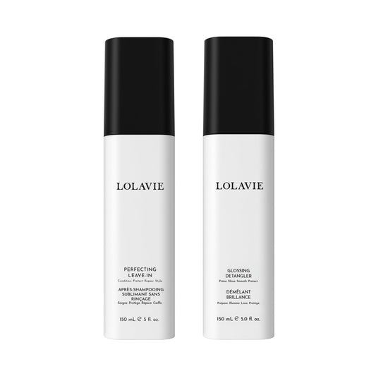 LolaVie Glossy Perfection Set by Jen – Glossing Detangler & Perfecting Leave-In (5 oz Each) – Heat Protectant, Vegan, Cruelty-Free, Color Safe