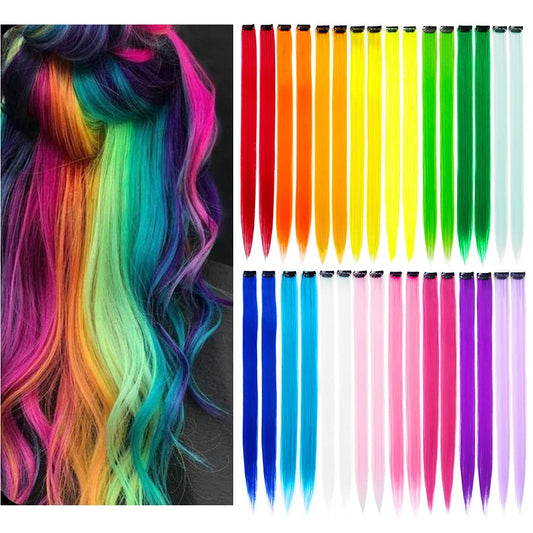 KGBFASS 32 Pack Colored Hair Extensions 20" – Rainbow Clip-In Synthetic Highlights for Girls, 16 Vibrant Colors, Straight Party Hair Pieces