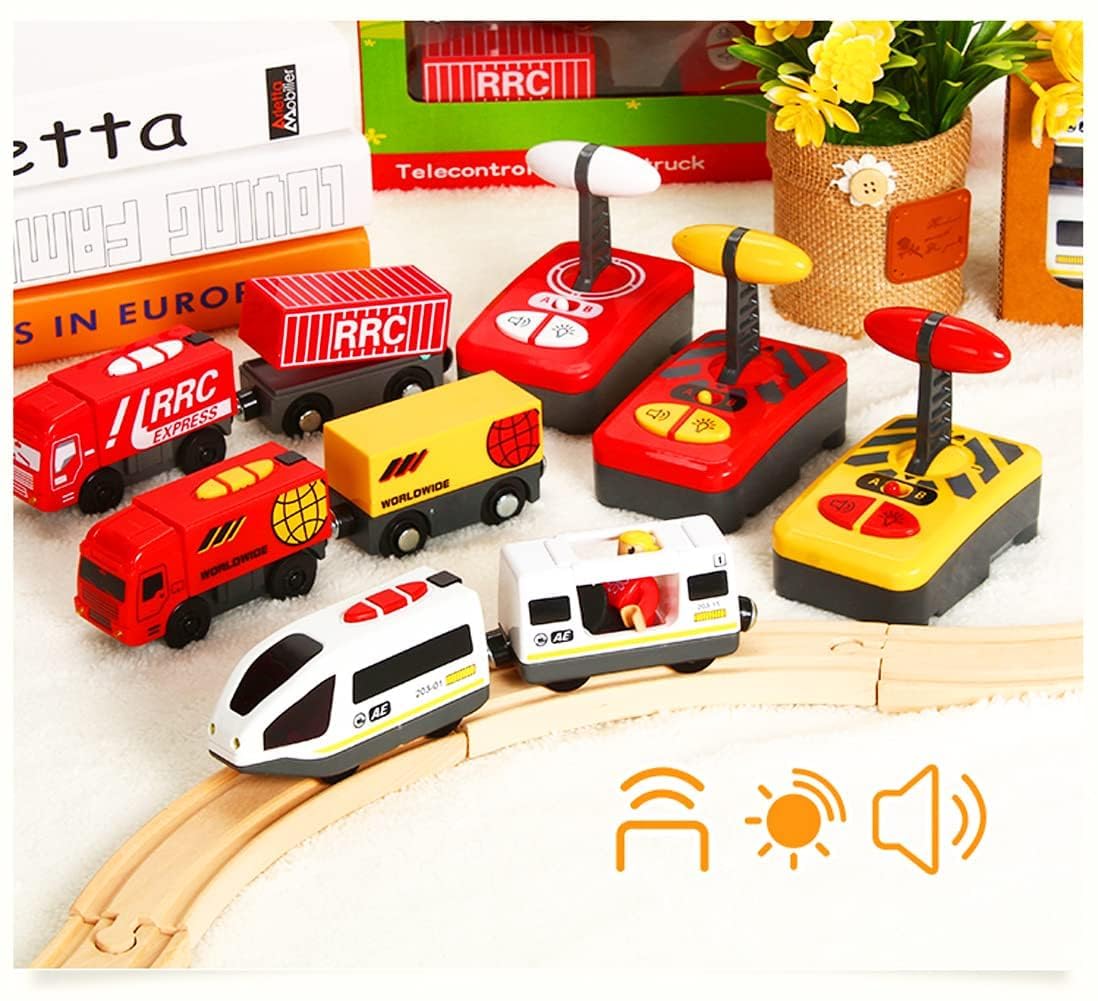 Z MAYABBO Remote Control Wooden Train Set – Battery Operated Locomotive & Cars, Fits All Major Wooden Tracks, Powerful Engine for Kids