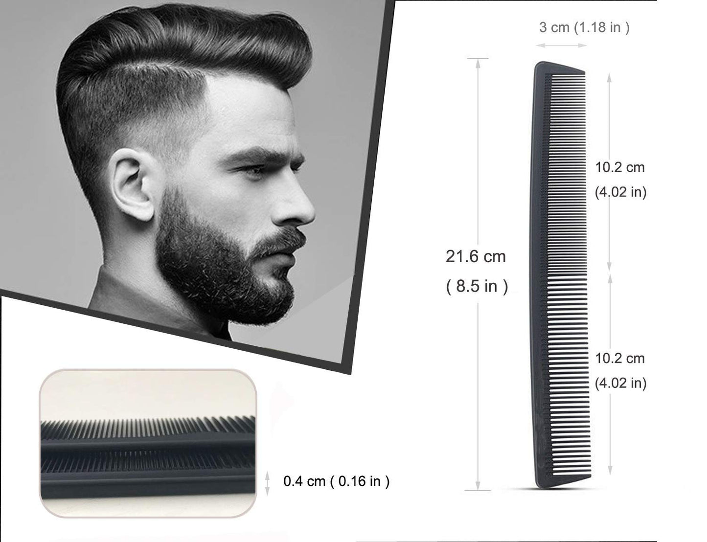Professional Black Carbon Fiber Teasing Comb, Fine and Wide Tooth Hair Barber Comb For All Hair Types