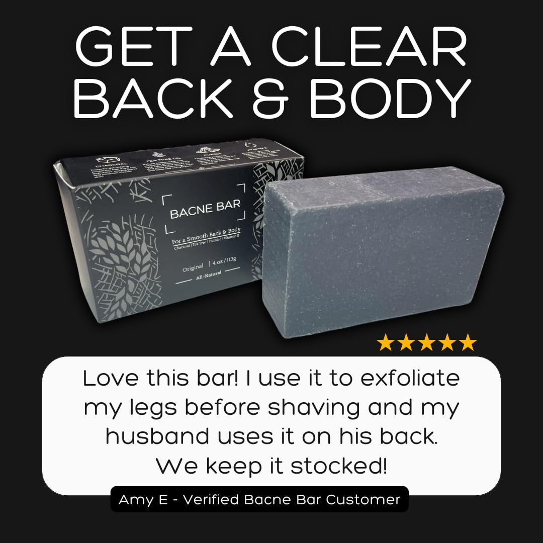 Bacne Bar – All-Natural Back Acne Soap with Charcoal, Pumice, Tea Tree & Vitamin E for Deep Exfoliation, Not for Sensitive Skin