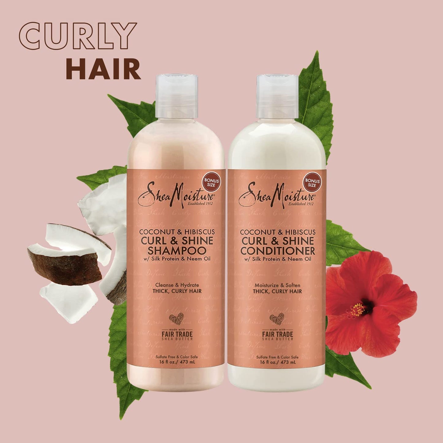 SheaMoisture Coconut & Hibiscus Curl & Shine Shampoo & Conditioner for Bouncy Curls, Frizz Control, 16 Oz Ea