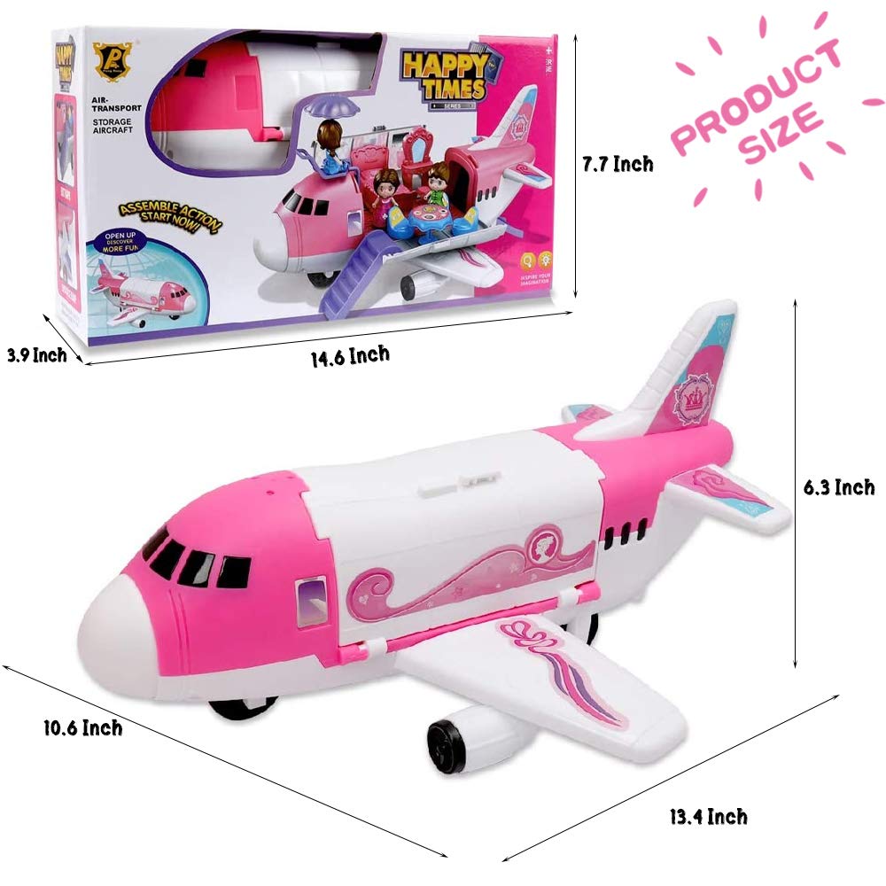 Pink Airplane Toy Private Jet Transport Cargo Vehicle - Big Large Aircraft Plane with Figures and Beauty Accessories Pretend Playset for Toddler Girls