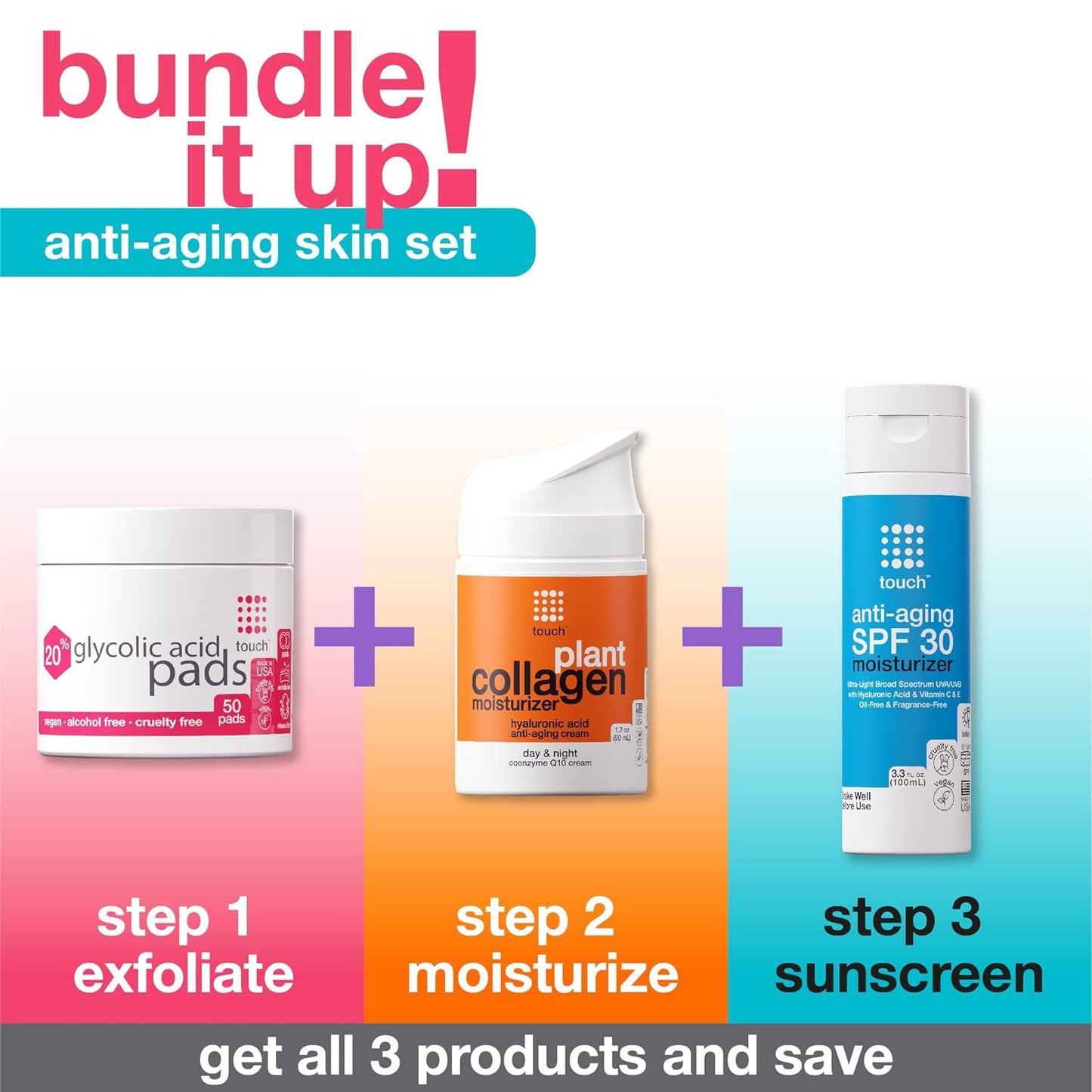 TOUCH 20% Glycolic Acid Pads – Exfoliating AHA Peel Wipes for Dullness, Pores, Scars, Fine Lines & Uneven Skin, 50 Count