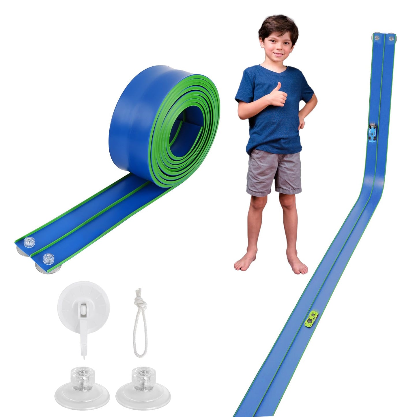 Flexible 15ft Race Car Track Starter Set with Suction Cups, 1:64 Diecast Cars, Portable Roll-Up Racetrack for Kids Ages 3+ (Blue & Green)