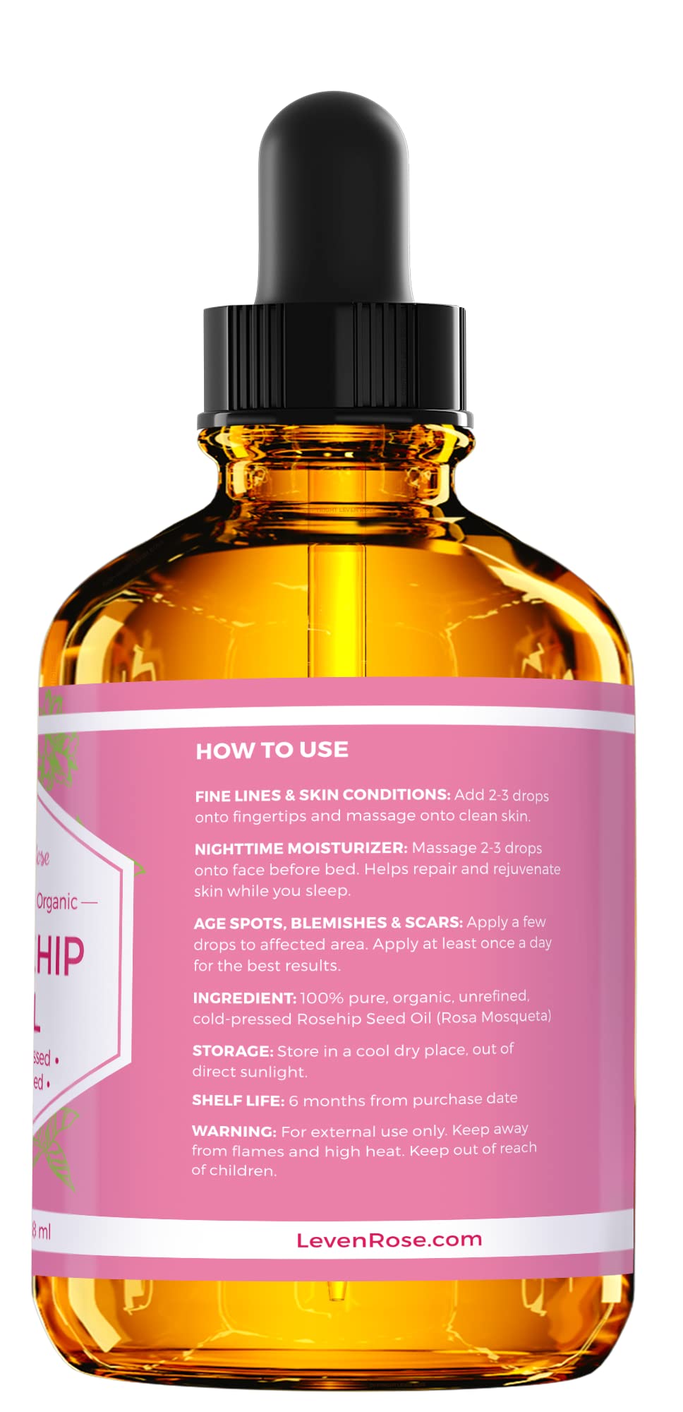 Leven Rose Rosehip Seed Oil 4oz – Pure, Unrefined, Cold-Pressed Face & Body Oil for Skin, Hair & Nails, Nighttime Moisturizer