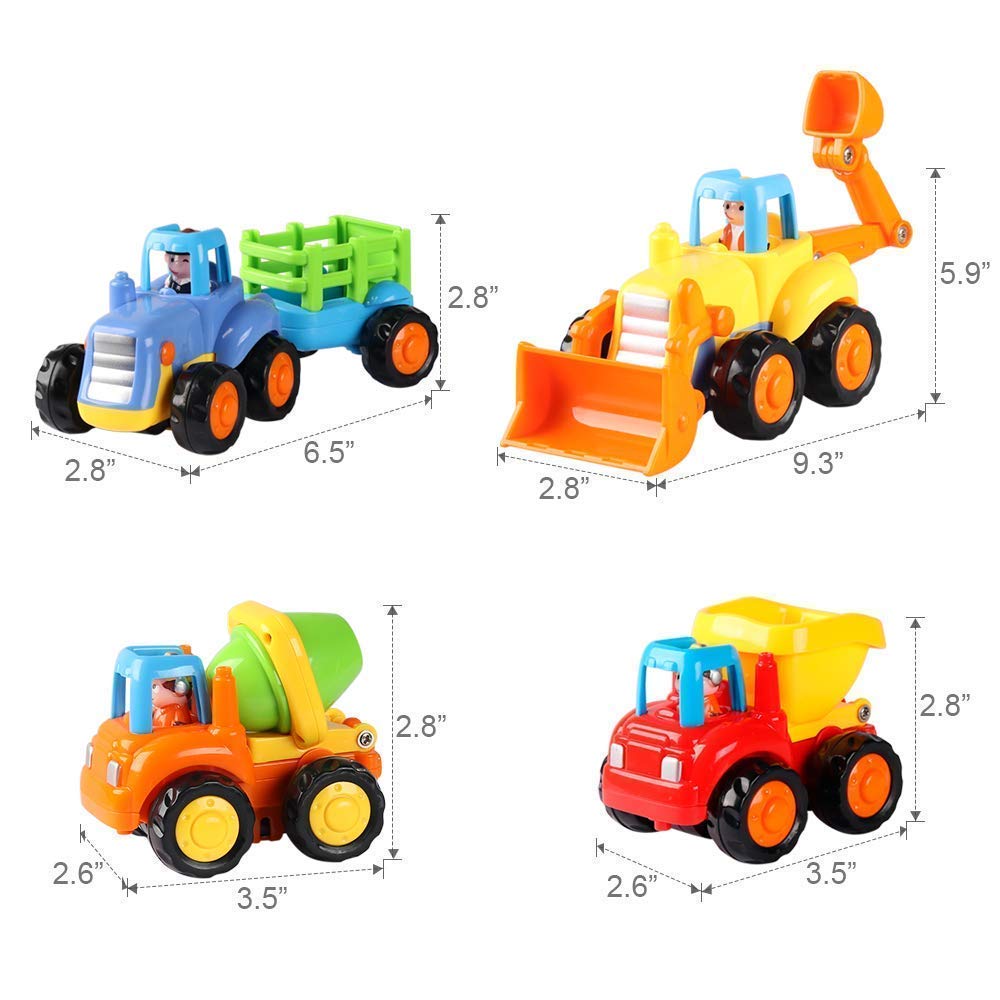 Coogam 4-Pack Friction Powered Construction Vehicles Toy Set – Push & Go Tractor, Bulldozer, Cement Mixer & Dumper for Kids