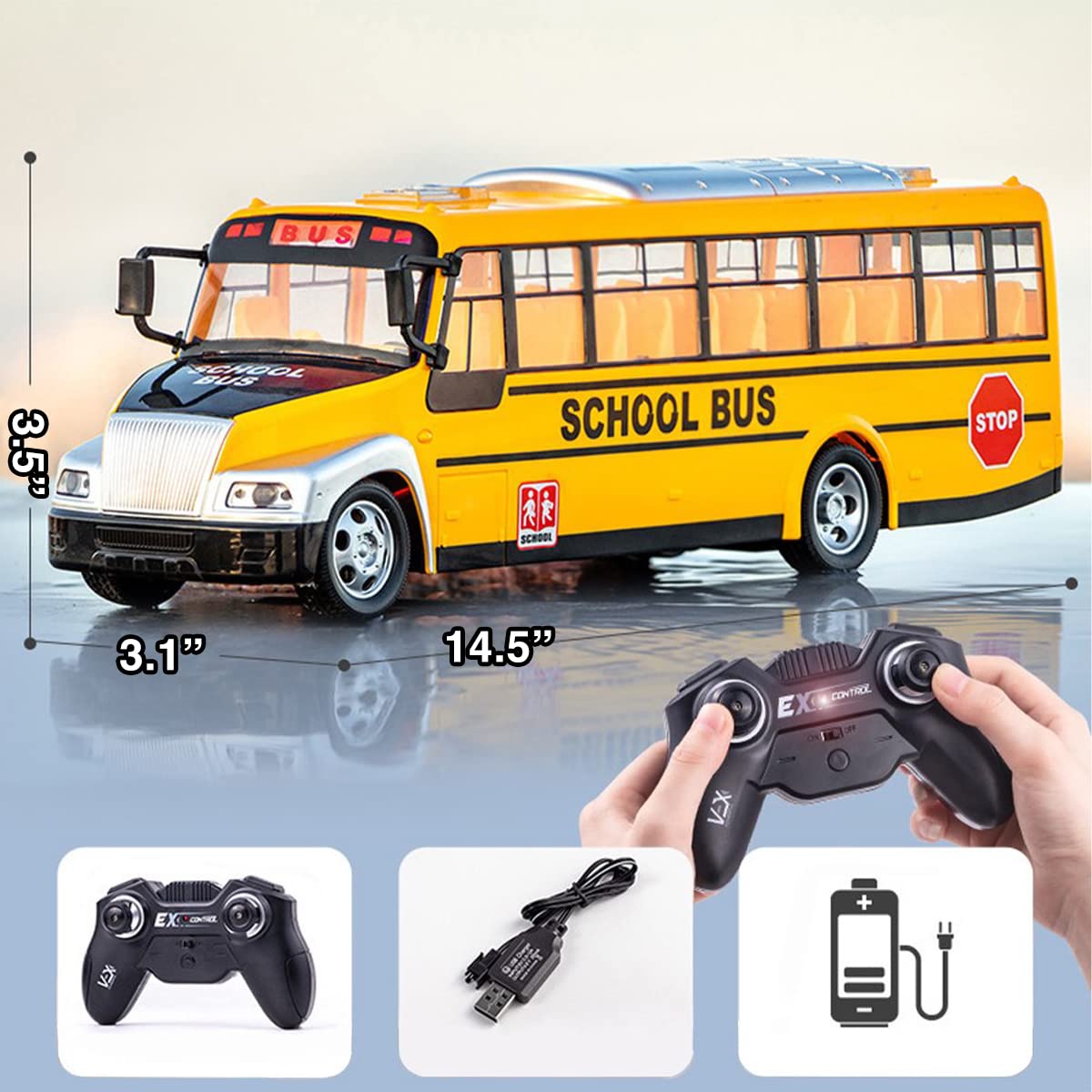 Liberty Imports RC School Bus - 2.4Ghz Remote Control Toy Bus with LED Lights, Rechargeable Electronic Vehicle for Kids