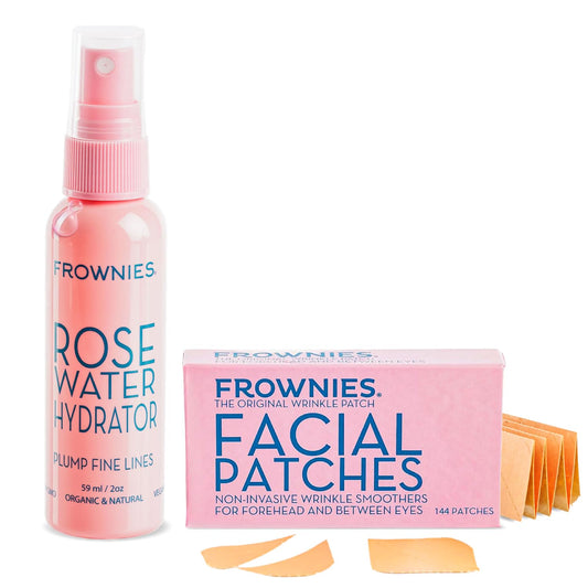 Frownies Forehead & Between Eyes Wrinkle Patches + Rose Water Hydrator Spray, Overnight Facial Treatment, 144 Patches, 2oz