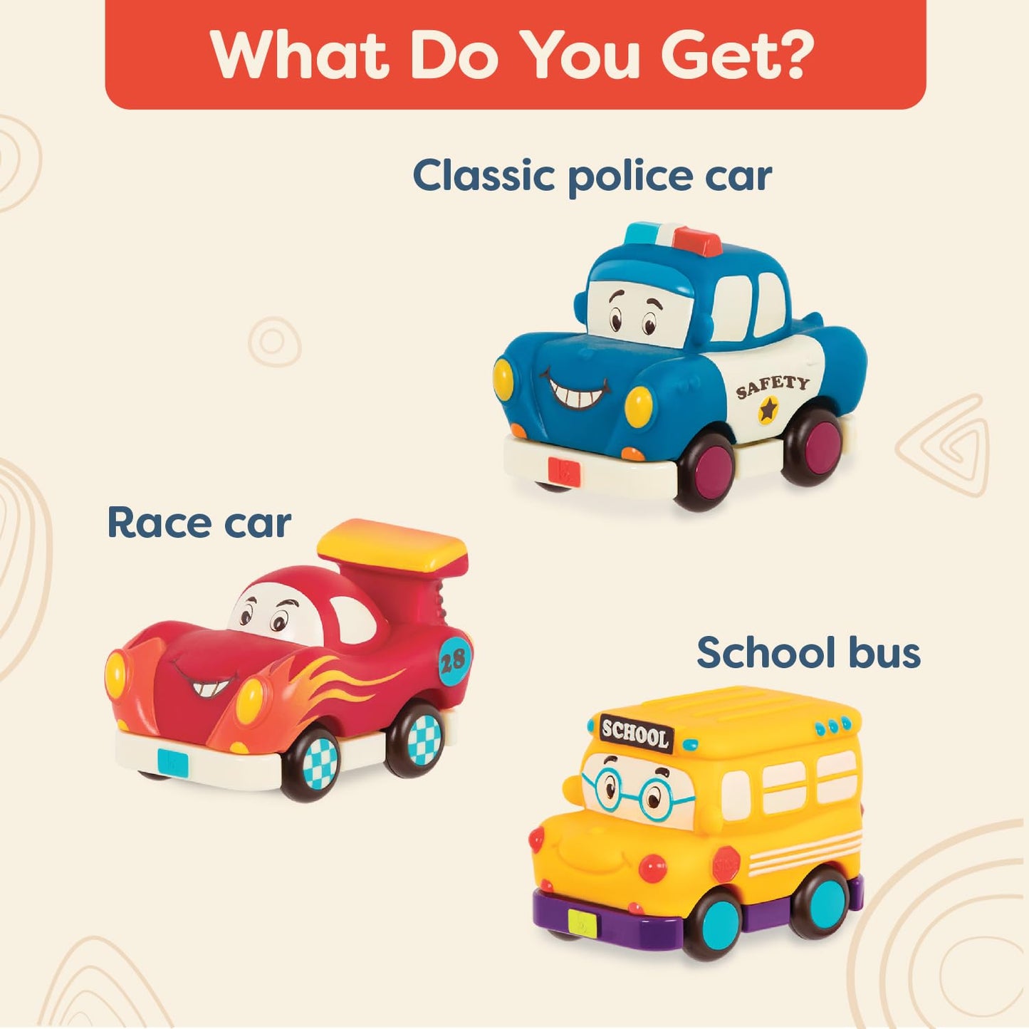 B. toys – Mini Wheeee – ls! – 3 Pieces Mini Pull – Back Vehicles Set, Bus & Cars, Multi, Hot Rod, School Bus, Police Car – 1 year +