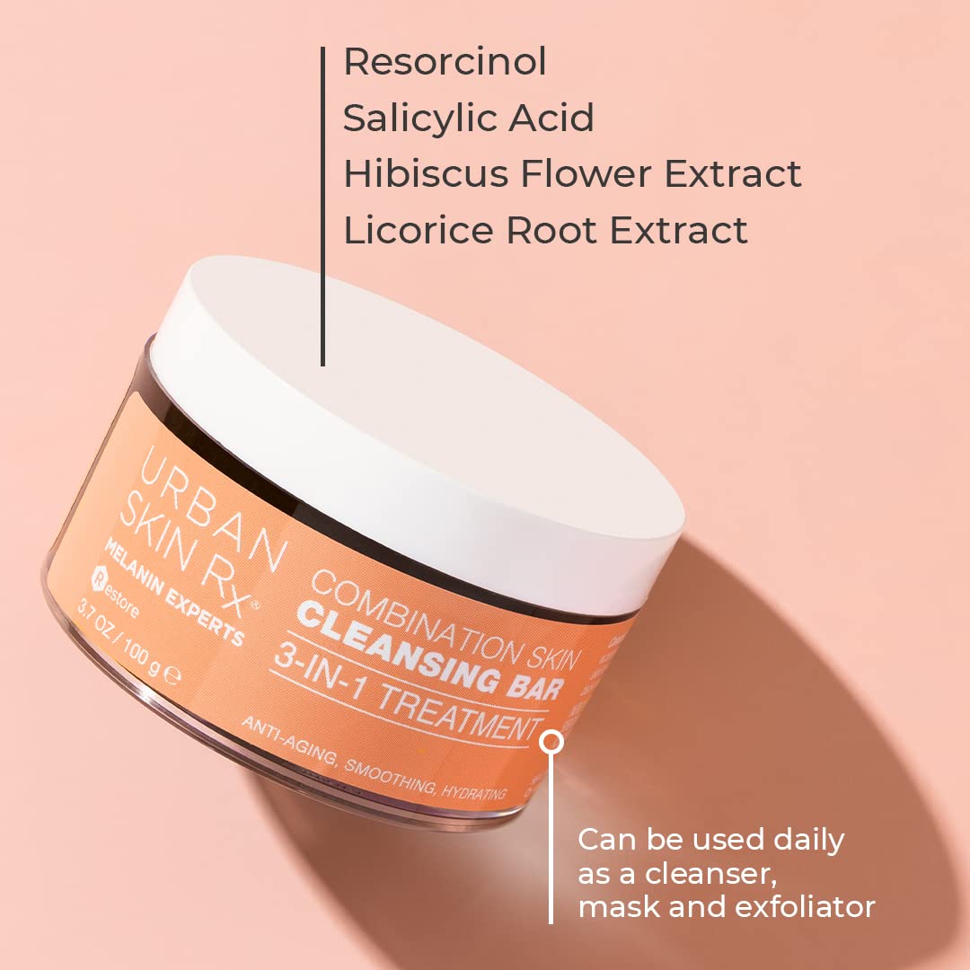 Urban Skin Rx 3-in-1 Cleansing Bar for Combination Skin – Daily Cleanser, Exfoliator & Mask, Hydrates & Reduces Dullness, Dark Marks, Fine Lines, 2 oz