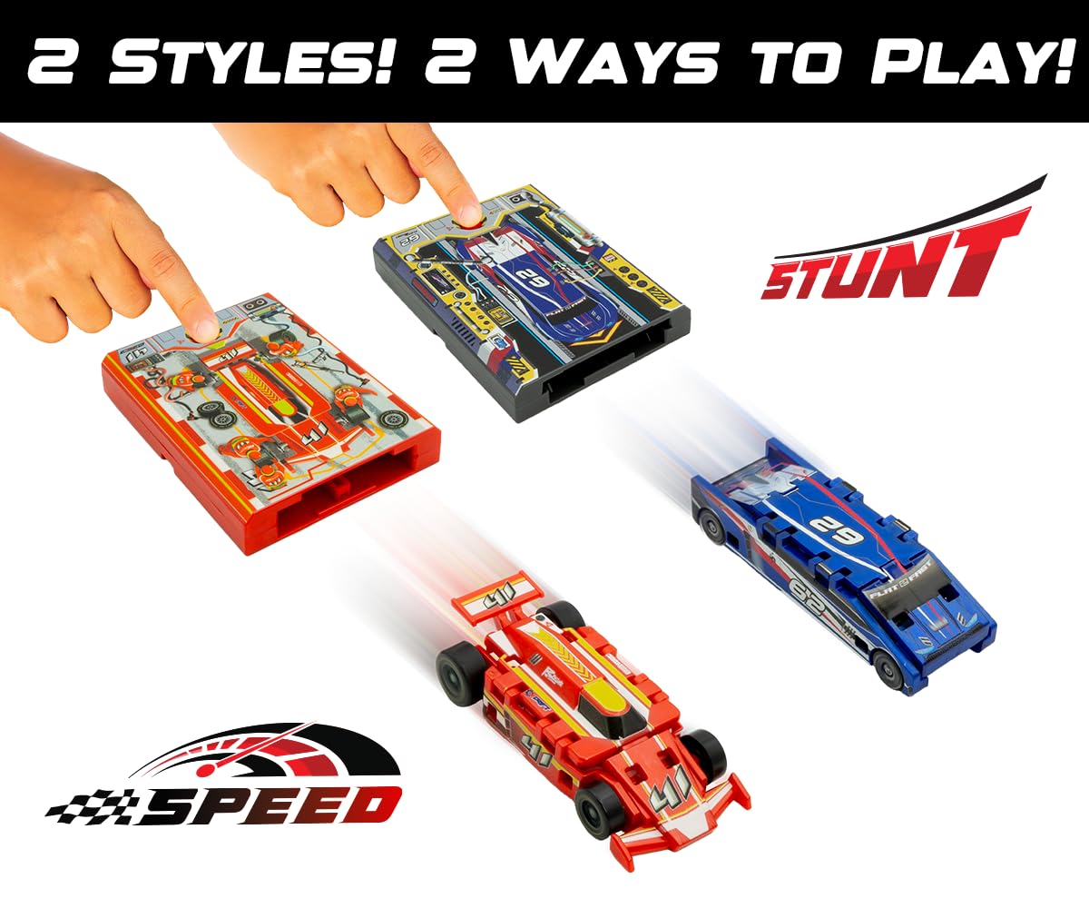 FLAT 2 FAST Stunt Card Racer – Pocket-Size Flat Car Launcher with Button for Stunt Racing, Compact Red Racecar Toy for Kids & Adults
