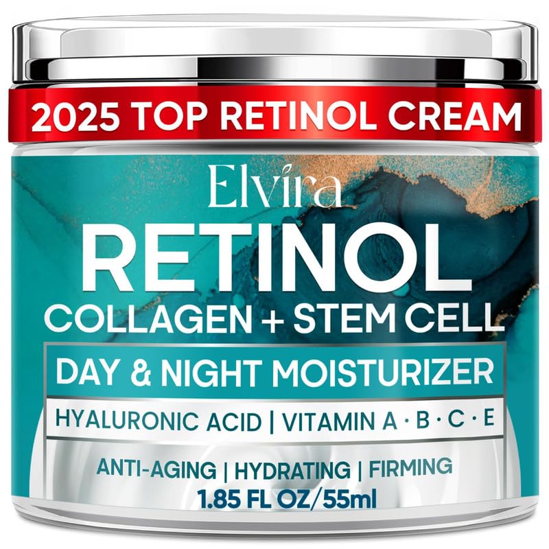 Elvira Retinol Anti-Aging Face Moisturizer – Collagen & Stem Cell Cream with Hyaluronic Acid, Firming, Wrinkle Smoother, 1.85 Fl Oz