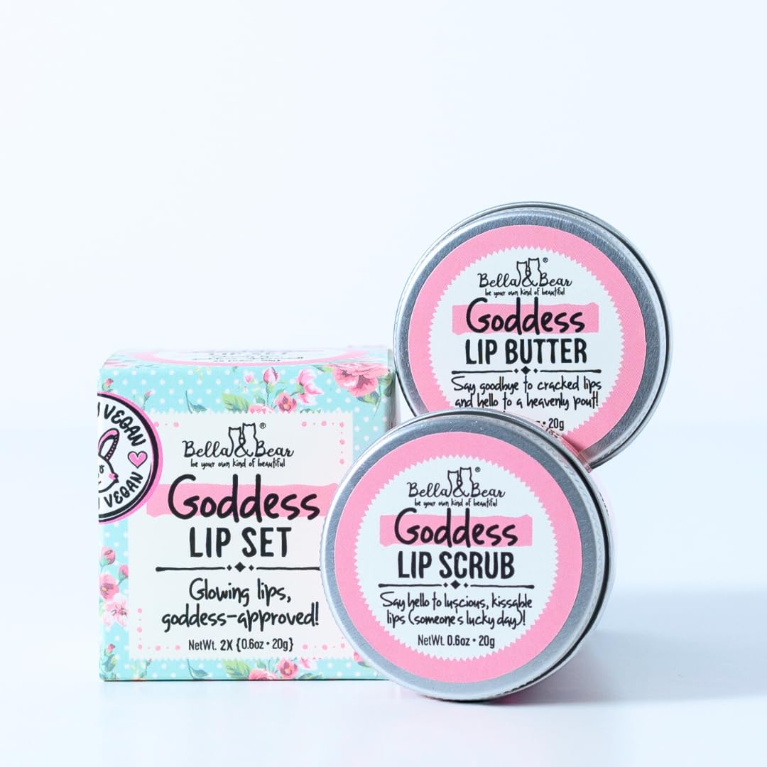 Bella & Bear Goddess Lip Scrub & Lip Butter Set – Lovely Gift for Women - Teen Girls & Tweens