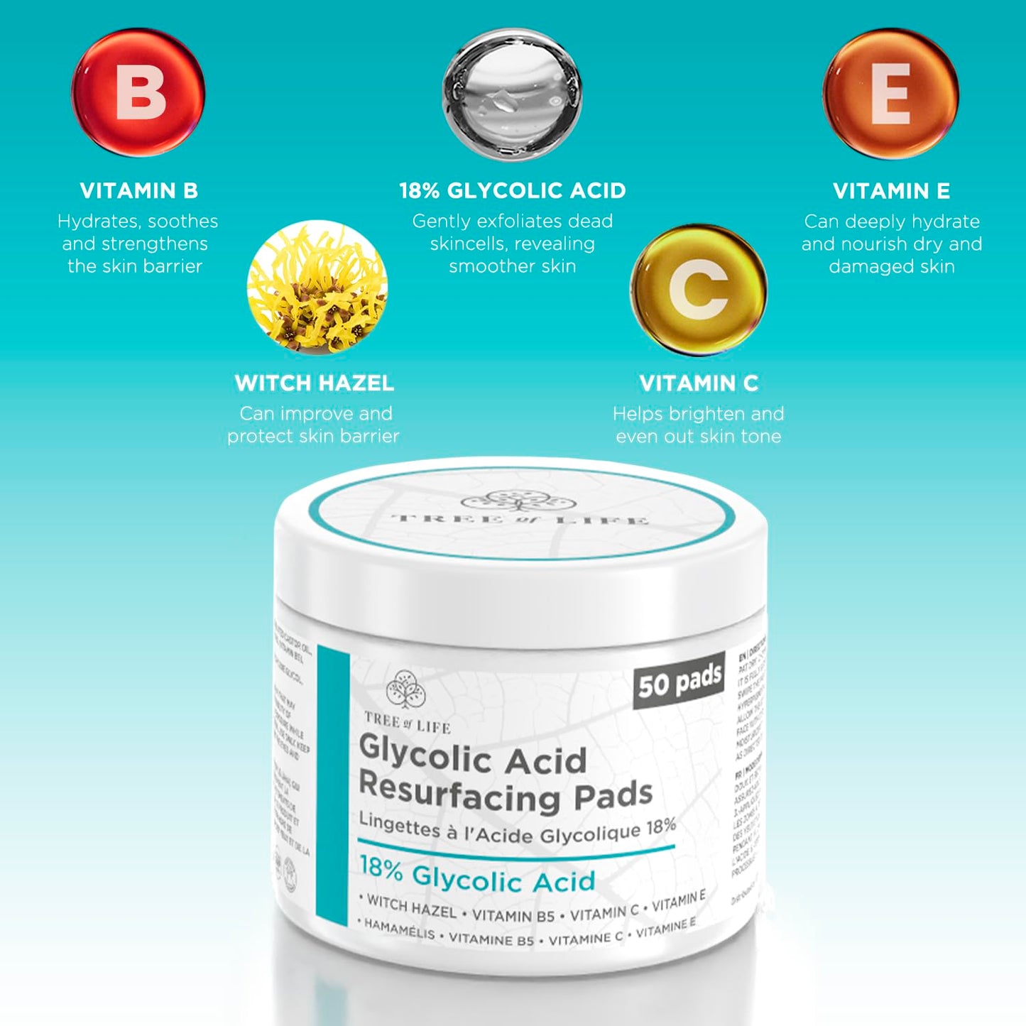 Tree of Life 18% Glycolic Acid Face Pads, 50 Count – Exfoliating Pads with Witch Hazel, Vitamins C, B5 & E for Smooth Skin & Reduced Pigmentation