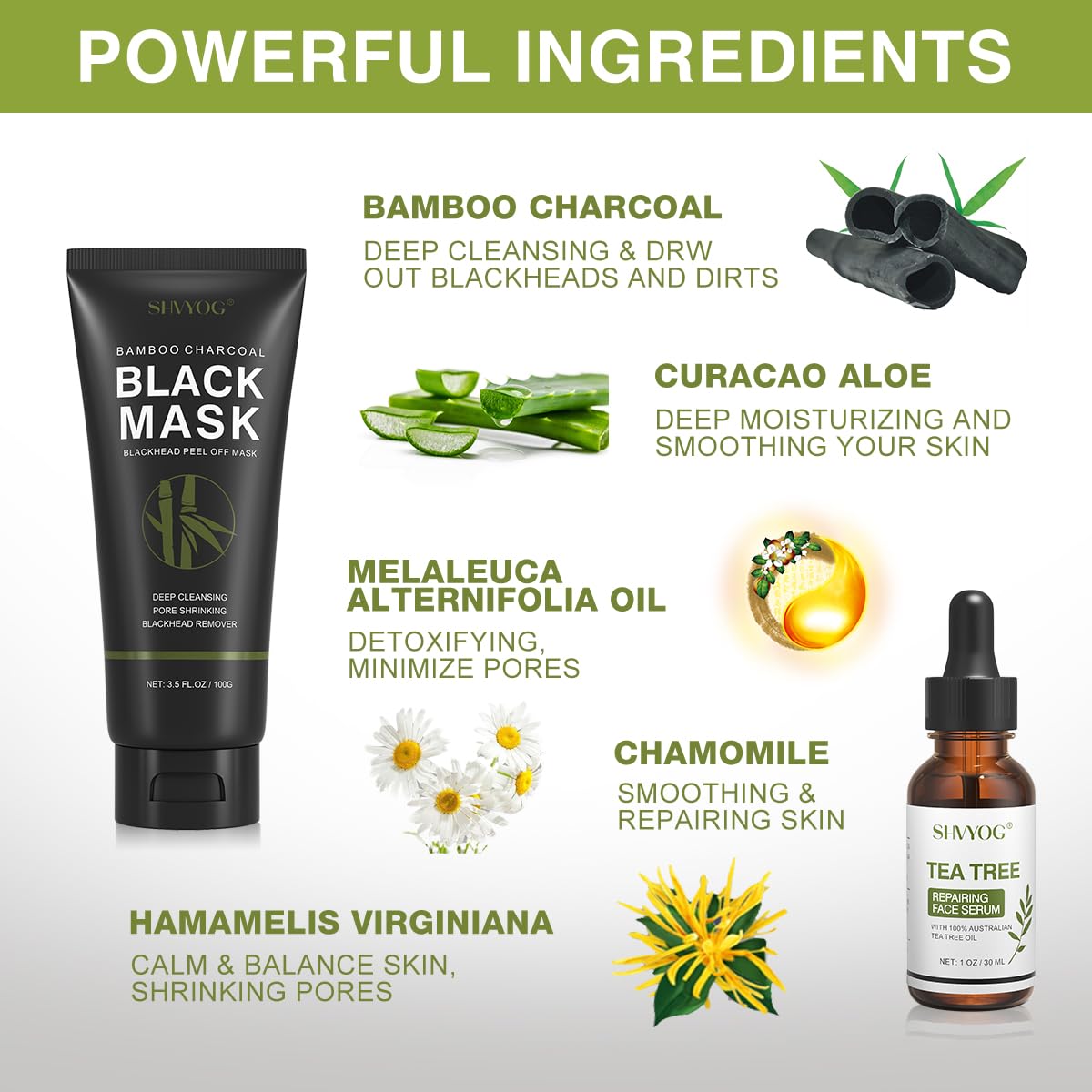 SHVYOG Blackhead Peel Off Mask 3-in-1 with Brush & Tea Tree Oil Serum, Charcoal Deep Cleansing for Pores, Oil & Dirt, 100g+30ml