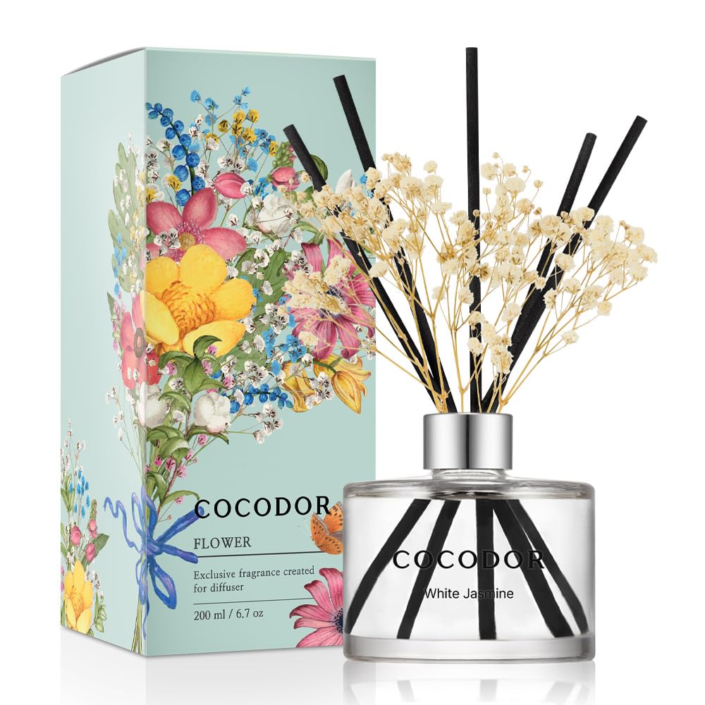 COCODOR Flower Reed Diffuser Set / 6.7oz / White Jasmine/Scent Diffuser with Sticks Home Fragrance Reed Diffuser for Bathroom Shelf Decor