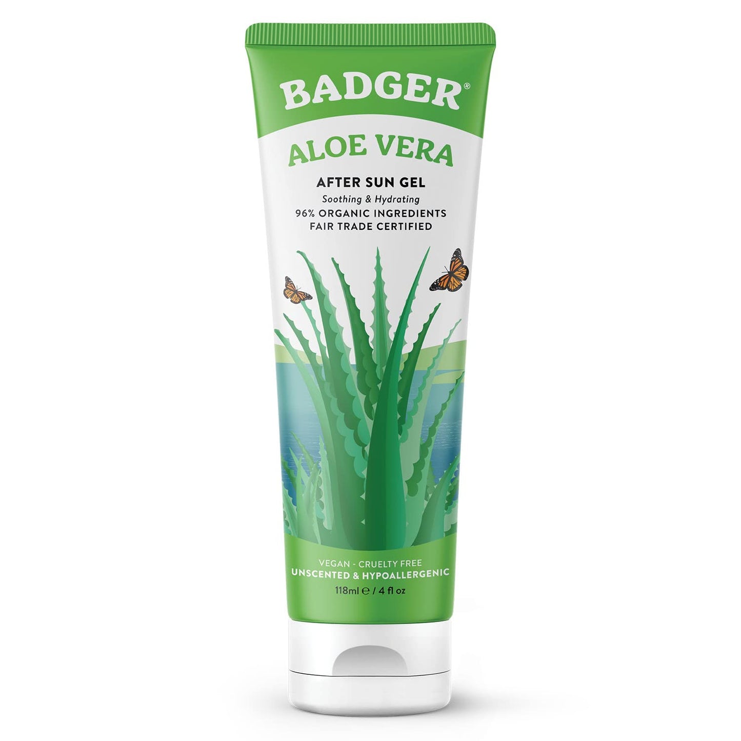 Badger Organic Aloe Vera Gel 96% Pure, Unscented for Face & Body – Soothing, Cooling, Non-Sticky Sunburn Relief, Vegan, 4 fl oz