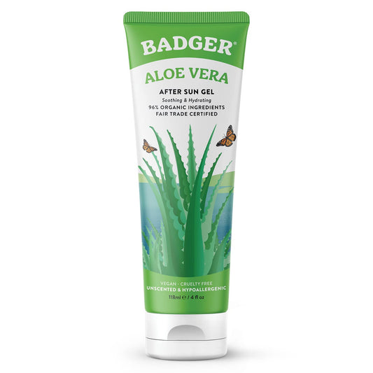 Badger Organic Aloe Vera Gel 96% Pure, Unscented for Face & Body – Soothing, Cooling, Non-Sticky Sunburn Relief, Vegan, 4 fl oz