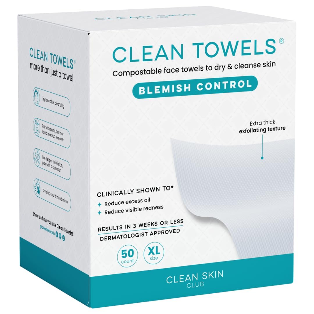 Clean Skin Club Blemish Control XL Towels® – Compostable Face Wipes for Oily & Sensitive Skin, Light Exfoliation, Makeup Removal, 50 Count