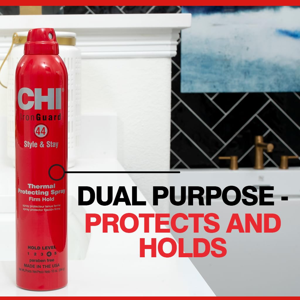 CHI 44 Iron Guard Style & Stay Firm Hold Protecting Spray, Heat Protectant & Hairspray for a Long-Lasting Hold, Sulfate & Paraben-Free, 10 Oz