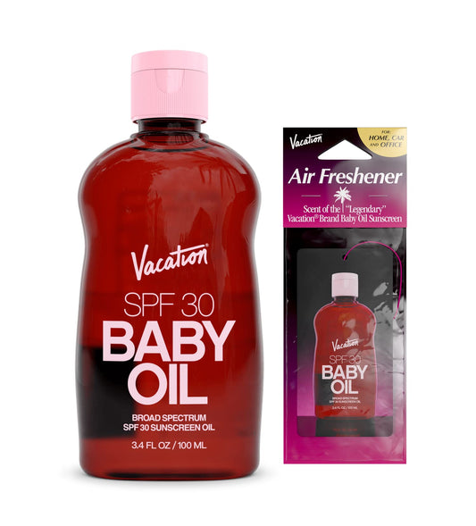 Vacation Baby Oil SPF 30 & Air Freshener Bundle – Hydrating, Mineral-Oil Free, Lightweight Sunscreen for All Skin Tones, Travel Size 3.4 oz