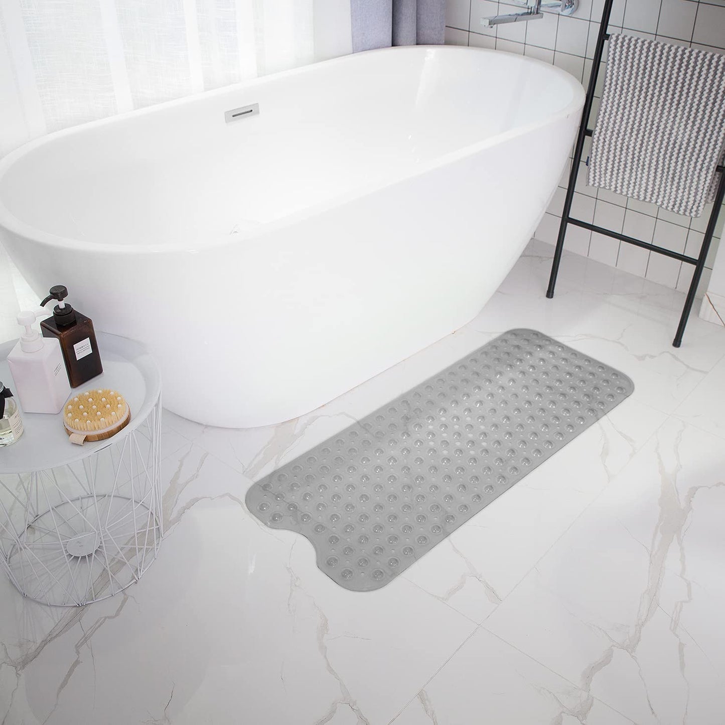 TEESHLY Extra Long Non-Slip Bathtub Mat 39x16" – Drain Holes & Suction Cups, Machine Washable Bath Mat for Shower (Clear Grey)