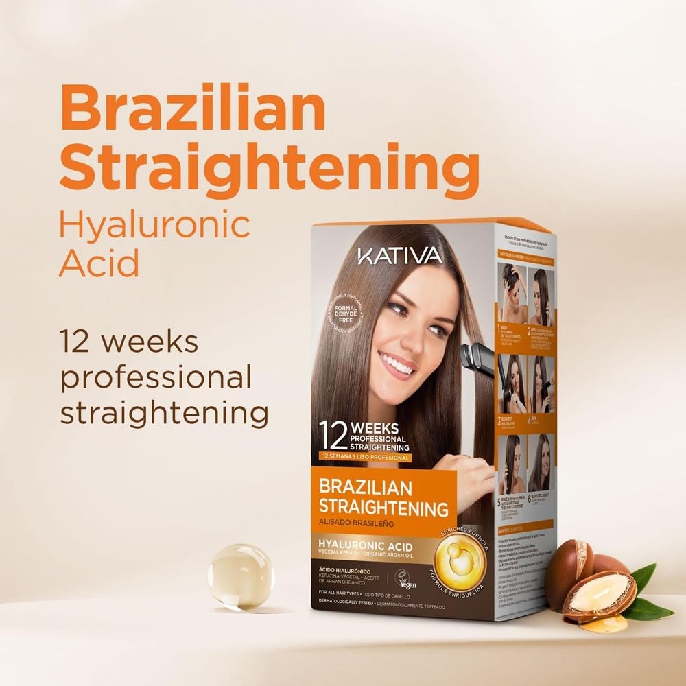 Kativa Brazilian Straightening Kit Pack of 2 – 12 Weeks Professional Hair Straightening with Argan Oil, Shea Butter, Keratin & Amino Acids