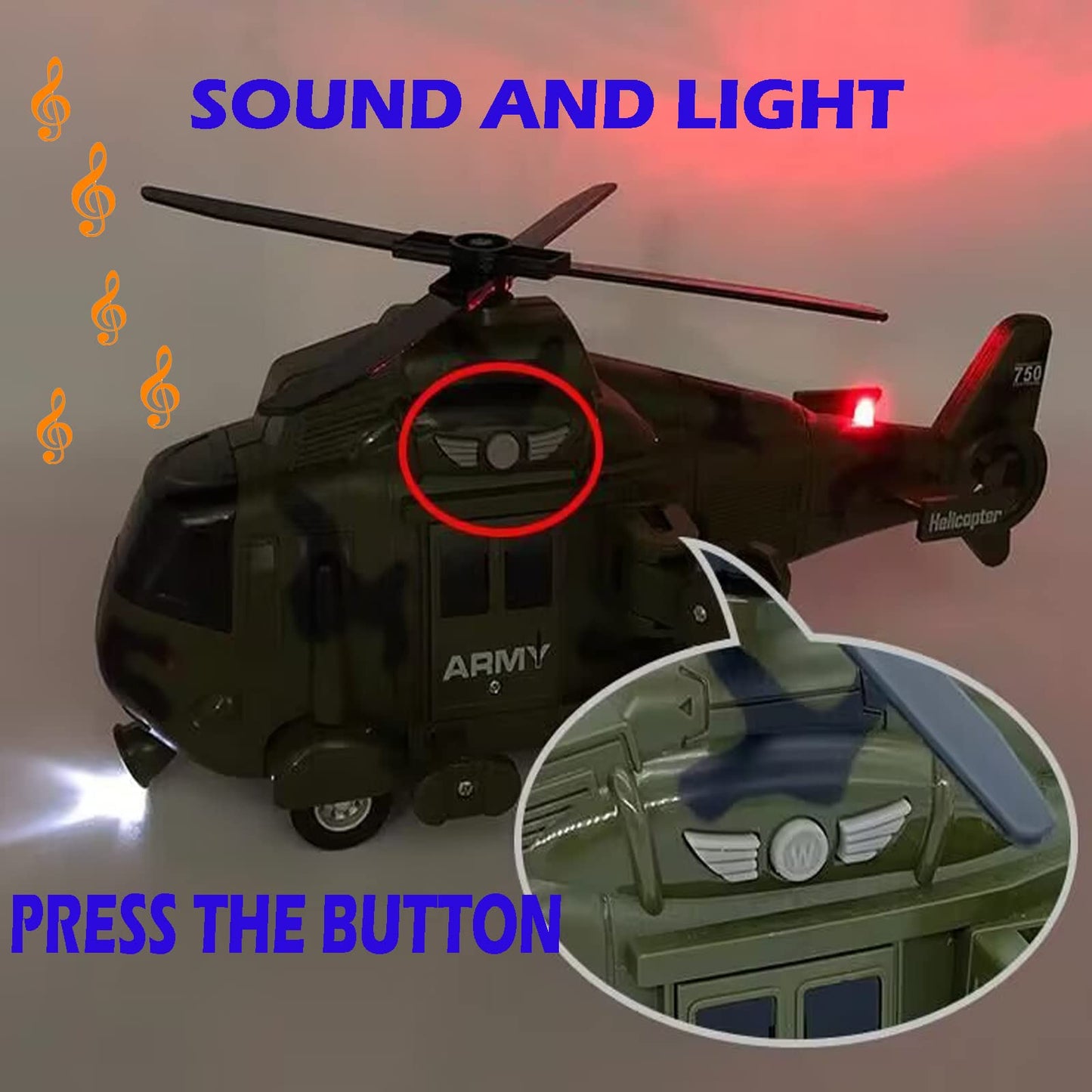 OCCAFY Military Helicopter Toy with Lights, Sound & Friction Power – Rescue Army Vehicle for Kids 3+, Toddler Boys Gift Toy