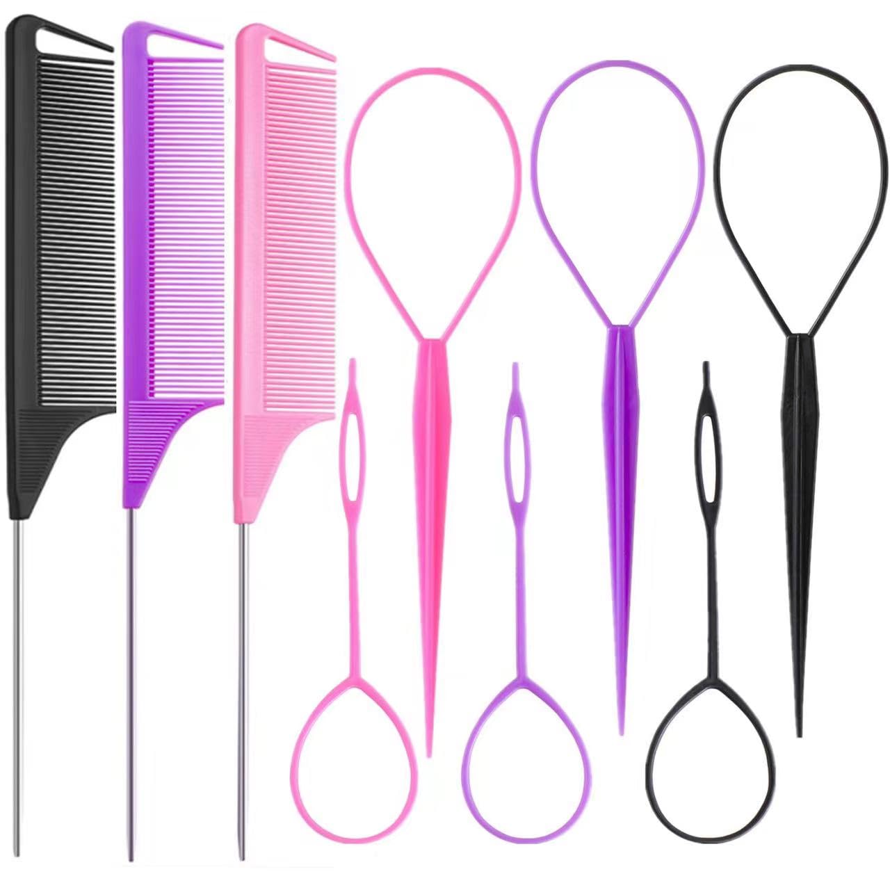 Luumxai 9pcs Topsy Hair Tail Tool & Rat Tail Comb Set with 6pcs French Braiding Rings & 3pcs Metal Parting Combs for Women & Girls (Pink, Purple, Black)