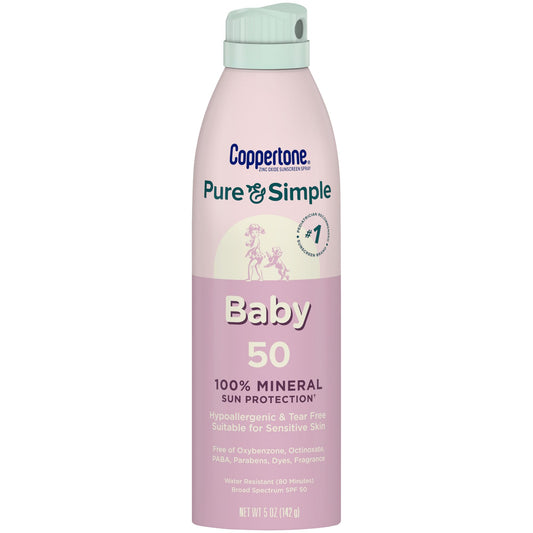 Coppertone Pure & Simple Baby Mineral SPF 50 Spray Sunscreen, Zinc Oxide Mineral Sunscreen, Hypoallergenic, UVA UVB protection, 5 oz