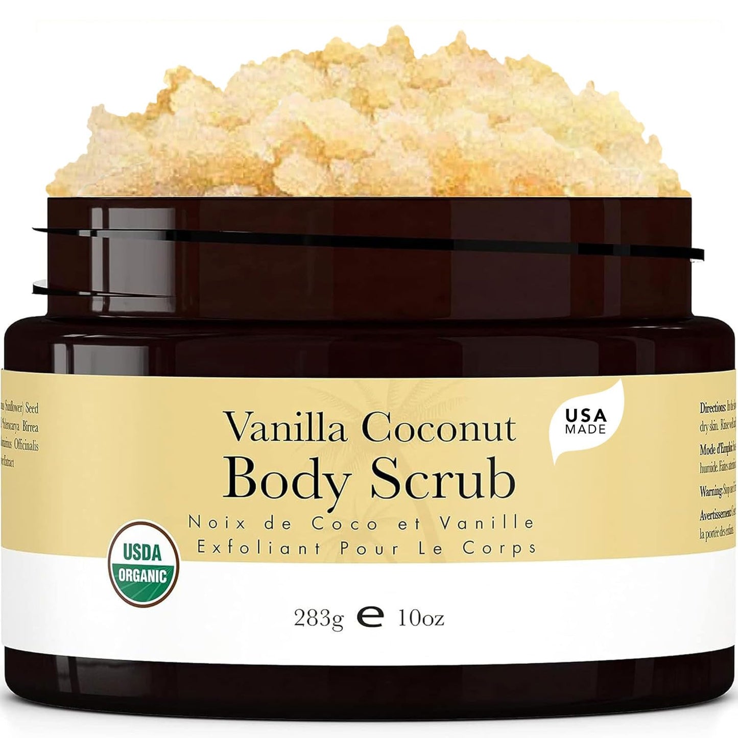 Organic Vanilla Coconut Body Scrub – USA-Made Sugar Exfoliator for Dry & Sensitive Skin, Moisturizes, Removes Dead Skin & Ingrown Hair