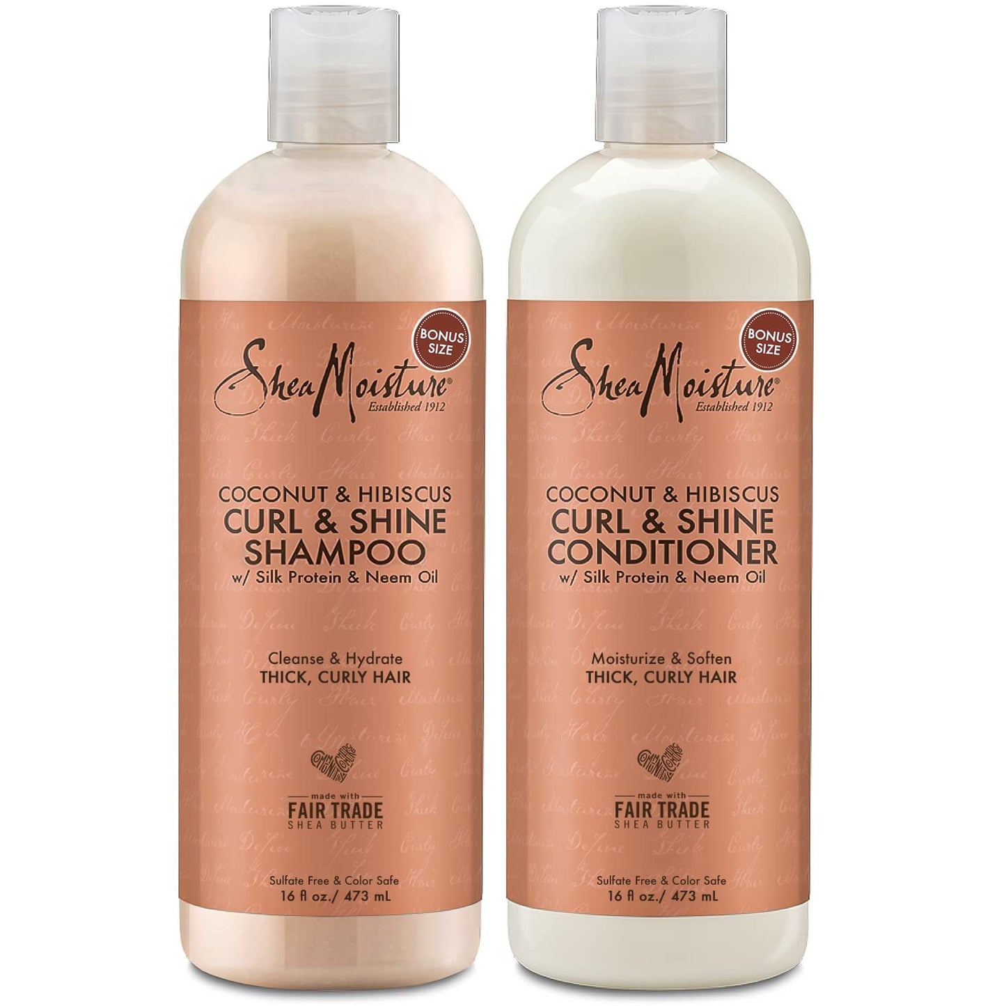SheaMoisture Coconut & Hibiscus Curl & Shine Shampoo & Conditioner for Bouncy Curls, Frizz Control, 16 Oz Ea