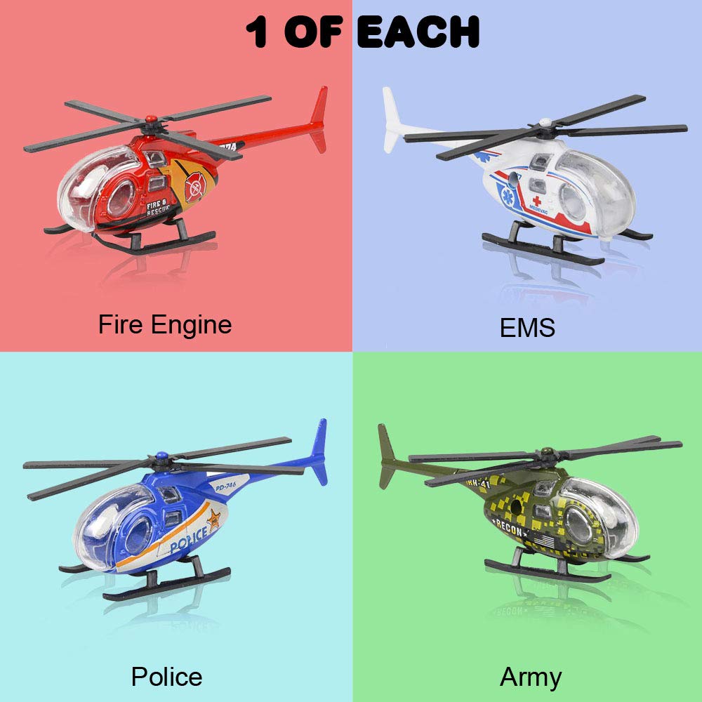 ArtCreativity Diecast Helicopter Toy Set of 4 – Police, Fire, EMS & Military Choppers with Spinning Props, Kids Birthday Party Favors