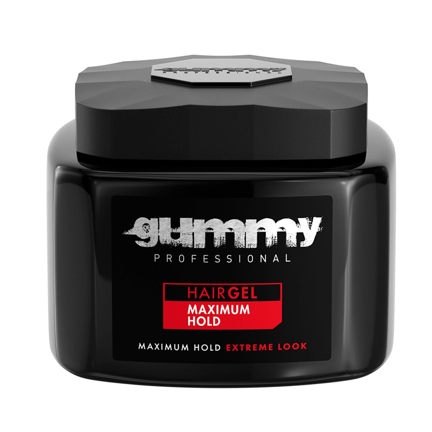 Black jar of Gummy Professional Hairgel with a white label on a white background