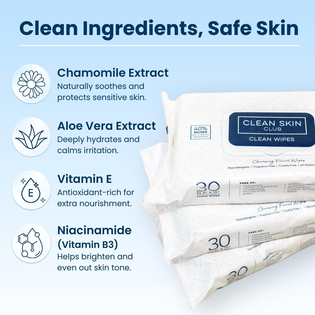 Clean Skin Club XL Face Wipes – Extra Moist, Makeup Remover Towelettes, Fragrance-Free, Alcohol & Chemical-Free, 30 Count, 1 Pack