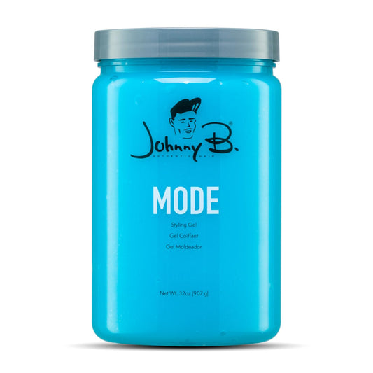 Blue jar of Johnny B. Mode Styling Gel on a white background