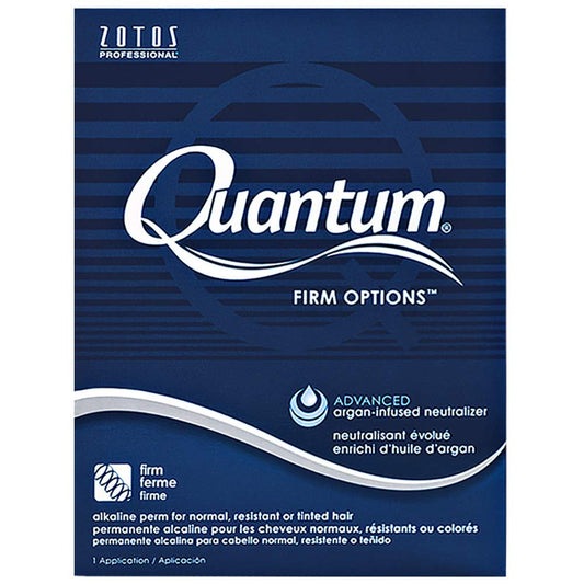 Quantum Firm Options hair product packaging with blue background and white text