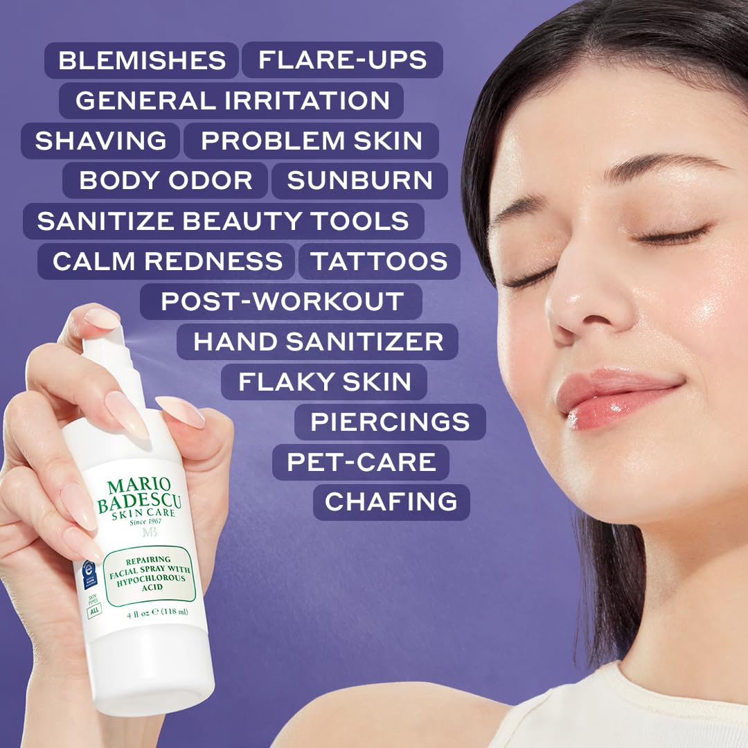 Mario Badescu Repairing HOCl Facial Spray – Soothes & Hydrates Irritated Skin, Reduces Redness, pH Balancing, Fragrance-Free, 4 fl oz