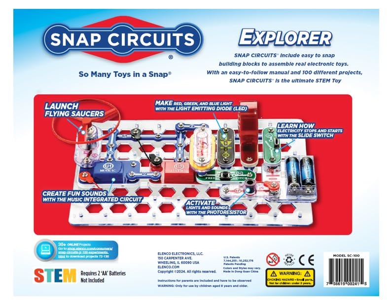 Snap Circuits Jr. SC-100 Electronics Exploration Kit, Over 100 Projects, Full Color Project Manual, 28 Parts, STEM Educational Toy for Kids 8 +