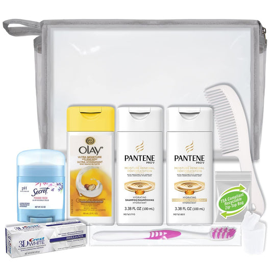 Convenience Kits Women's 10-Piece Deluxe Travel Kit - TSA Compliant Essentials with Pantene Hair Products in Clear Reusable Bag